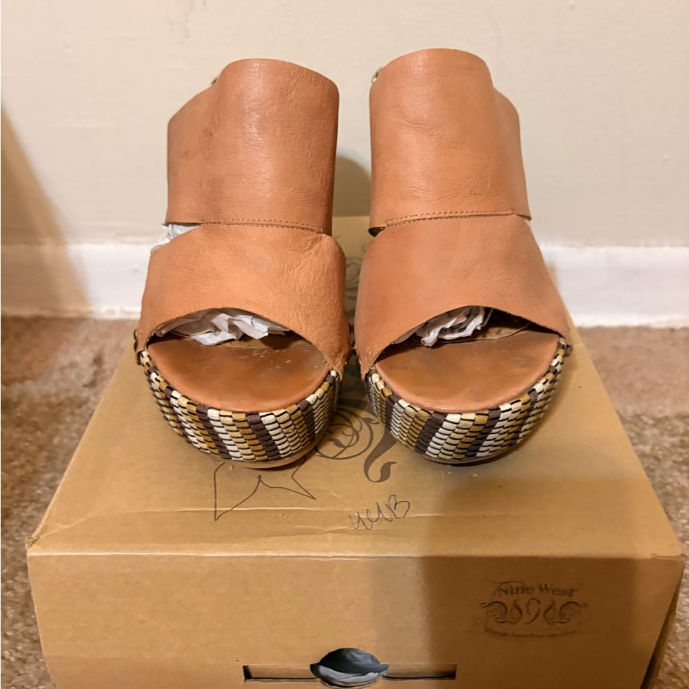 Nine West Tan Leather Woven-Trim Wedge Mules